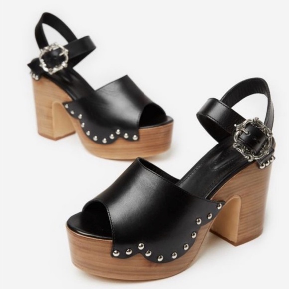 The Kooples Black Leather Wood Platform Clog Sandals Studded Block Heels EU 38 - Picture 3 of 14